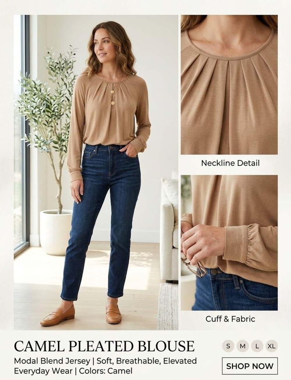 Jones New York Collection Pleated Front Tan Blouse Size M